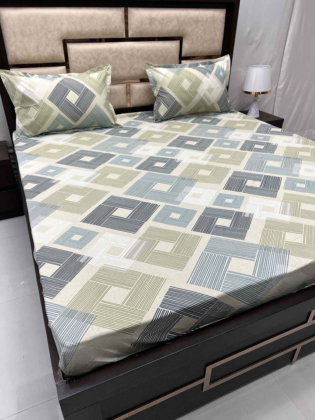 

Pure Decor Green & Blue Geometric Cotton 260 TC Fitted King Bedsheet with 2 Pillow Covers