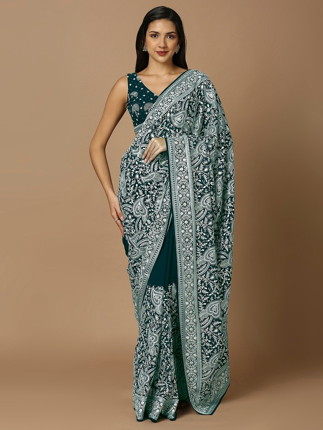 

SALWAR STUDIO Ethnic Motifs Embroidered Pure Georgette Saree, Teal