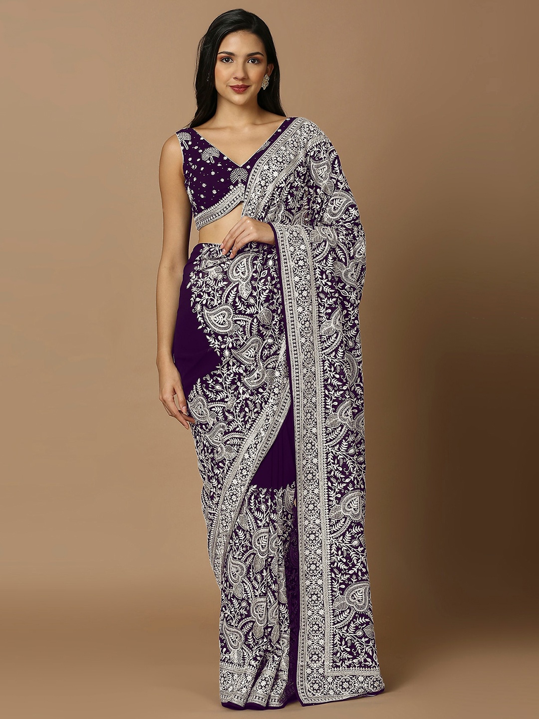 

SALWAR STUDIO Ethnic Motifs Embroidered Pure Georgette Saree, Purple