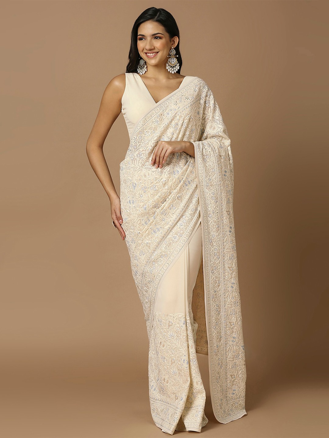 

SALWAR STUDIO Floral Embroidered Pure Georgette Saree, Cream