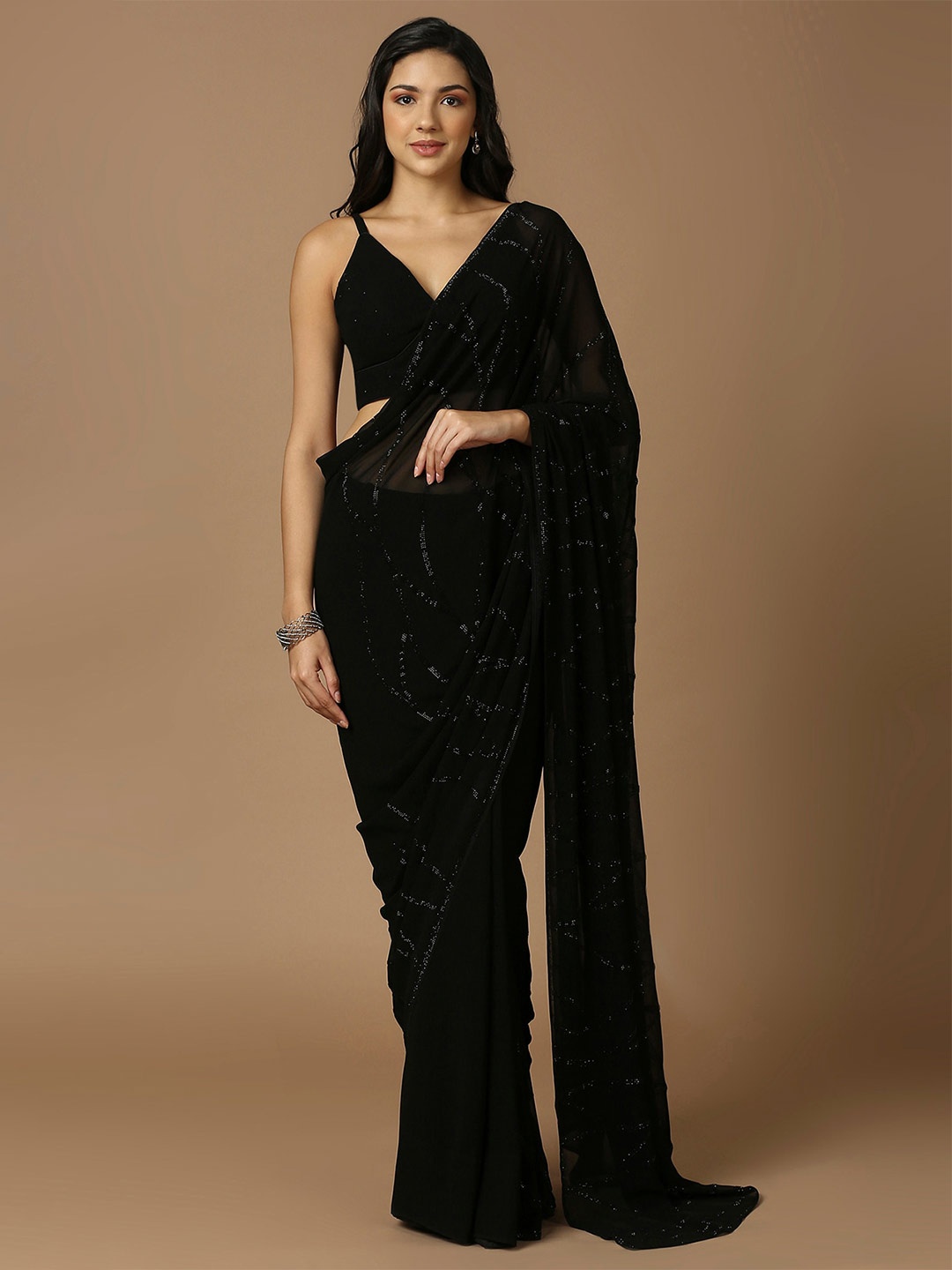 

SALWAR STUDIO Embellished Beads and Stones Pure Georgette Saree, Black