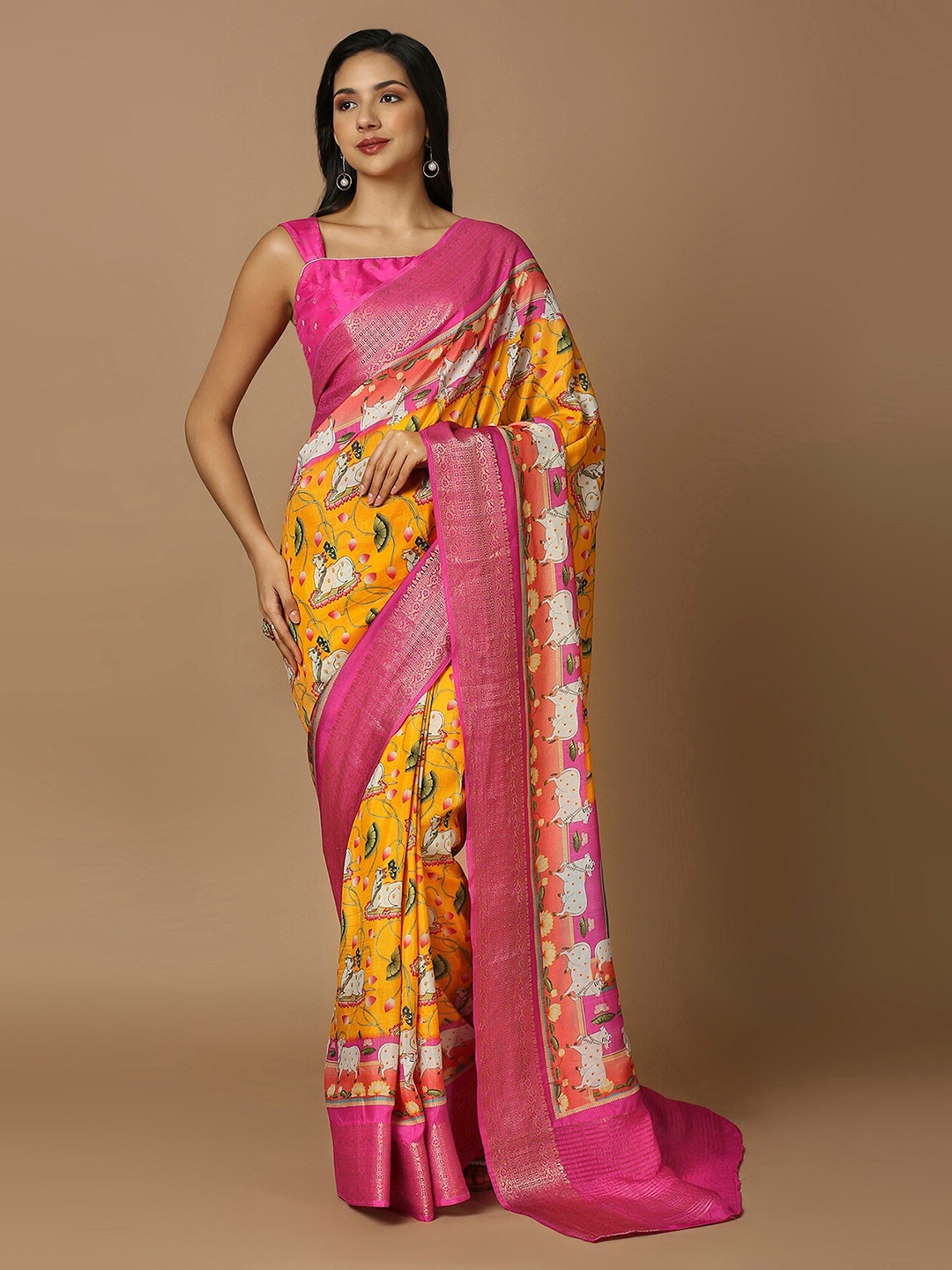 

SALWAR STUDIO Ethnic Motifs Printed Zari Saree, Mustard