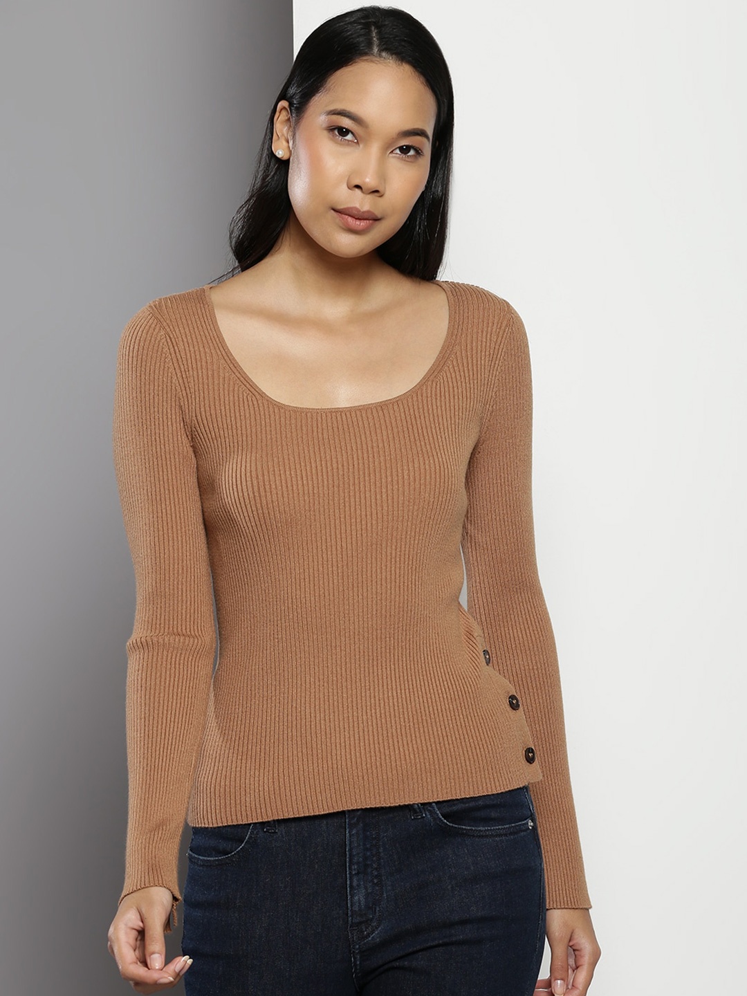 

Calvin Klein Ribbed Scoop Neck Pullover Sweater, Brown