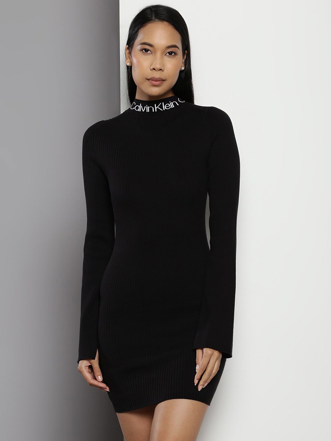 

Calvin Klein High Neck Knitted Pure Cotton Bodycon Dress, Black