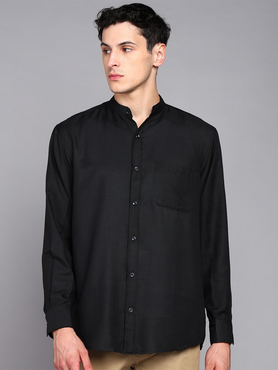 

Metronaut Band Collar Casual Denim Pure Cotton Shirt, Black