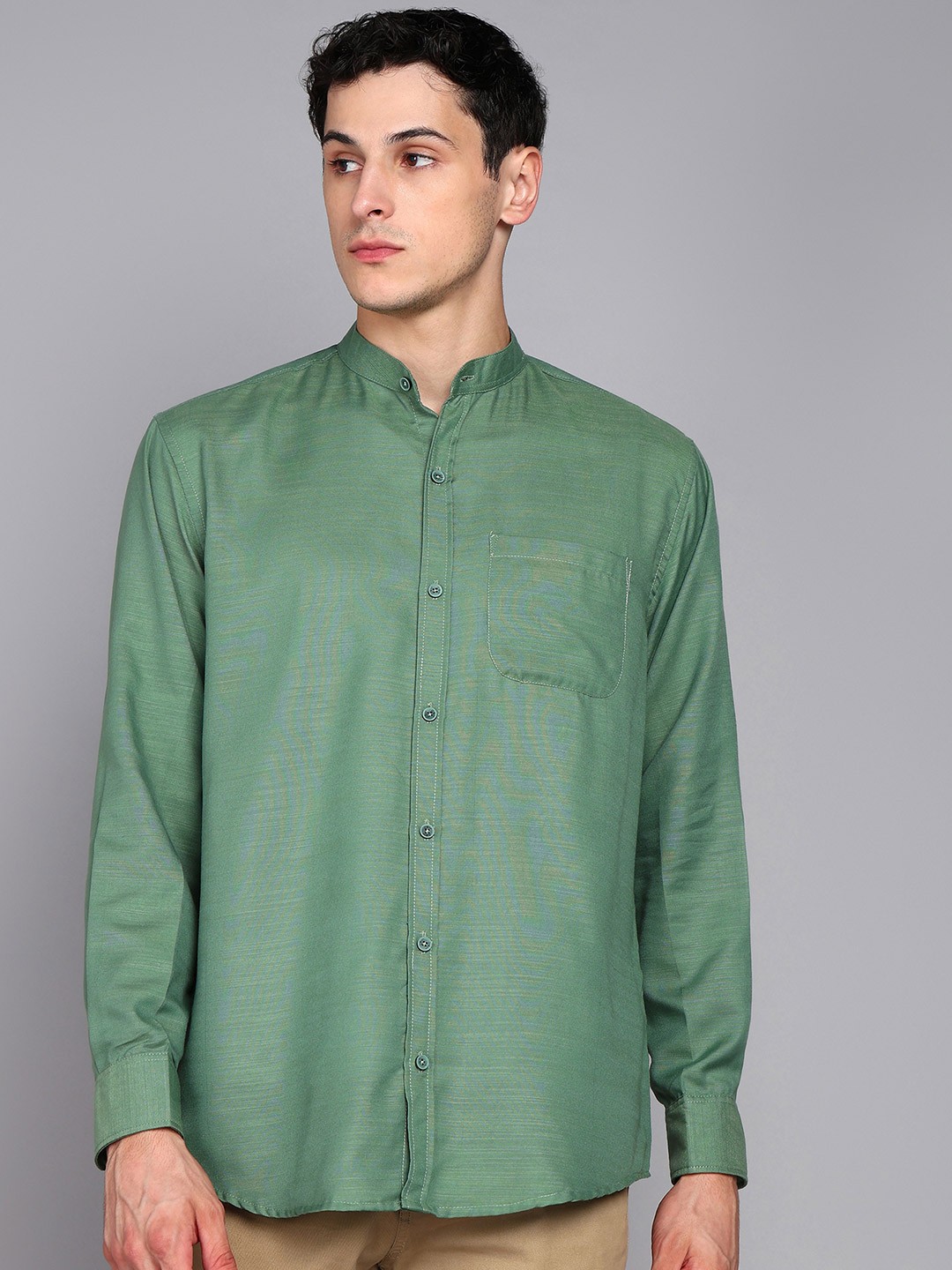 

Metronaut Band Collar Casual Denim Pure Cotton Shirt, Green