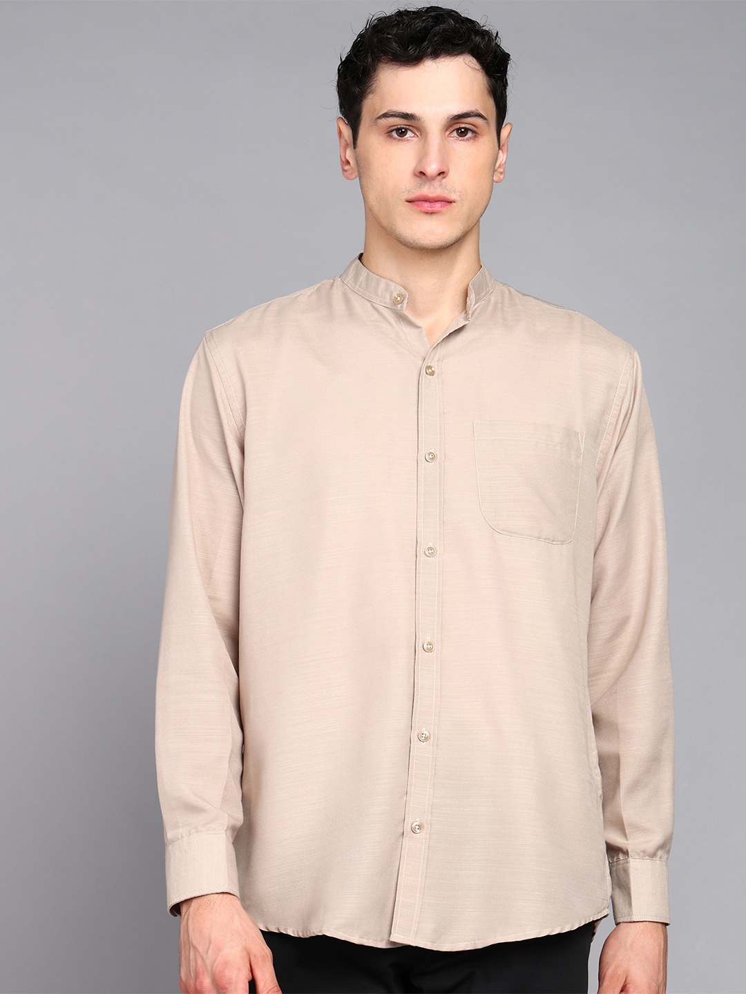 

Metronaut Band Collar Denim Pure Cotton Casual Shirt, Beige