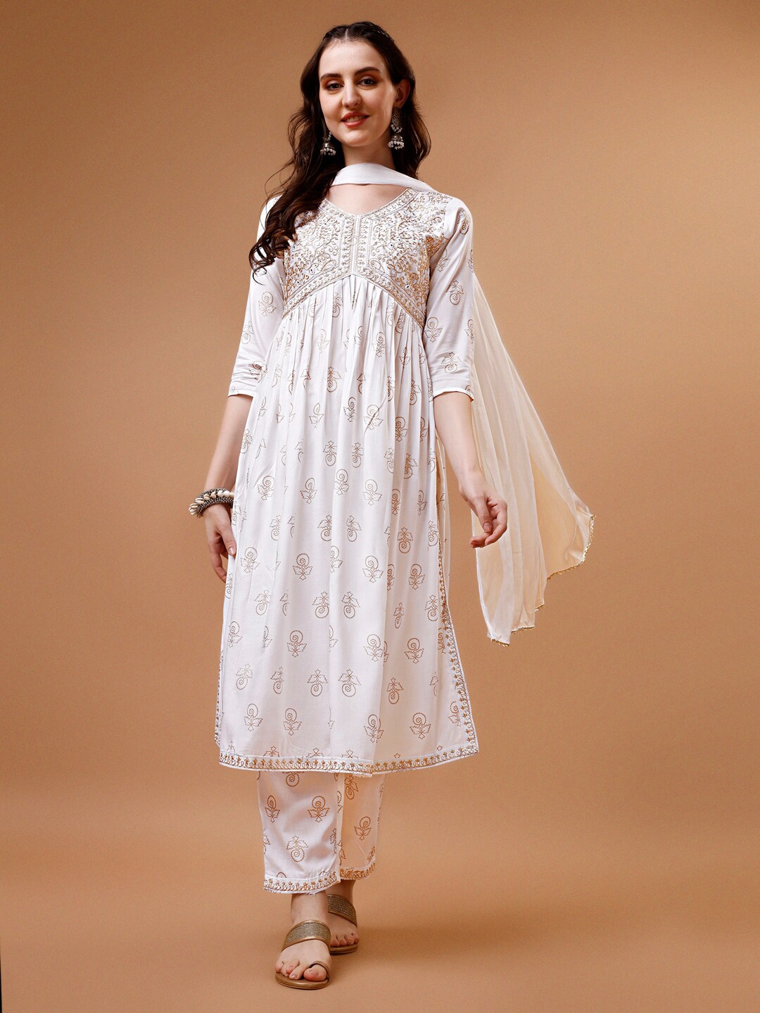 

Berrylicious Floral Printed Thread Work Empire Kurta With Trouser & Dupatta, White