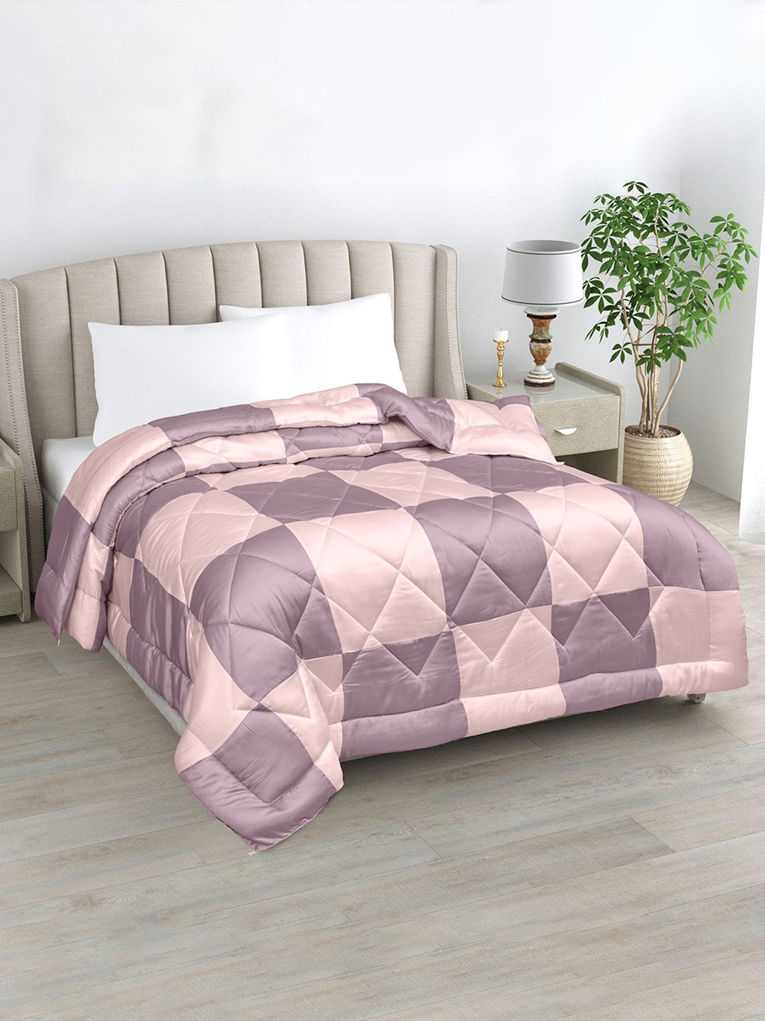 

LINENWALAS Happy Sleeping Mauve Checked AC Room Bamboo Silk 300 GSM Double Bed Duvet