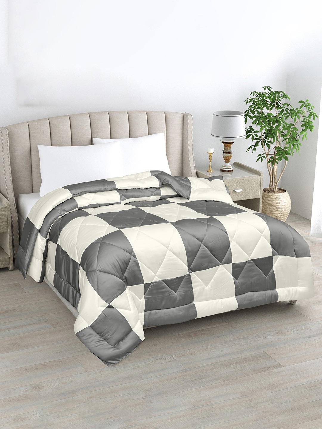 

LINENWALAS Happy Sleeping Off White Checked Vegan Silk AC Room 233 GSM Single Bed Duvet