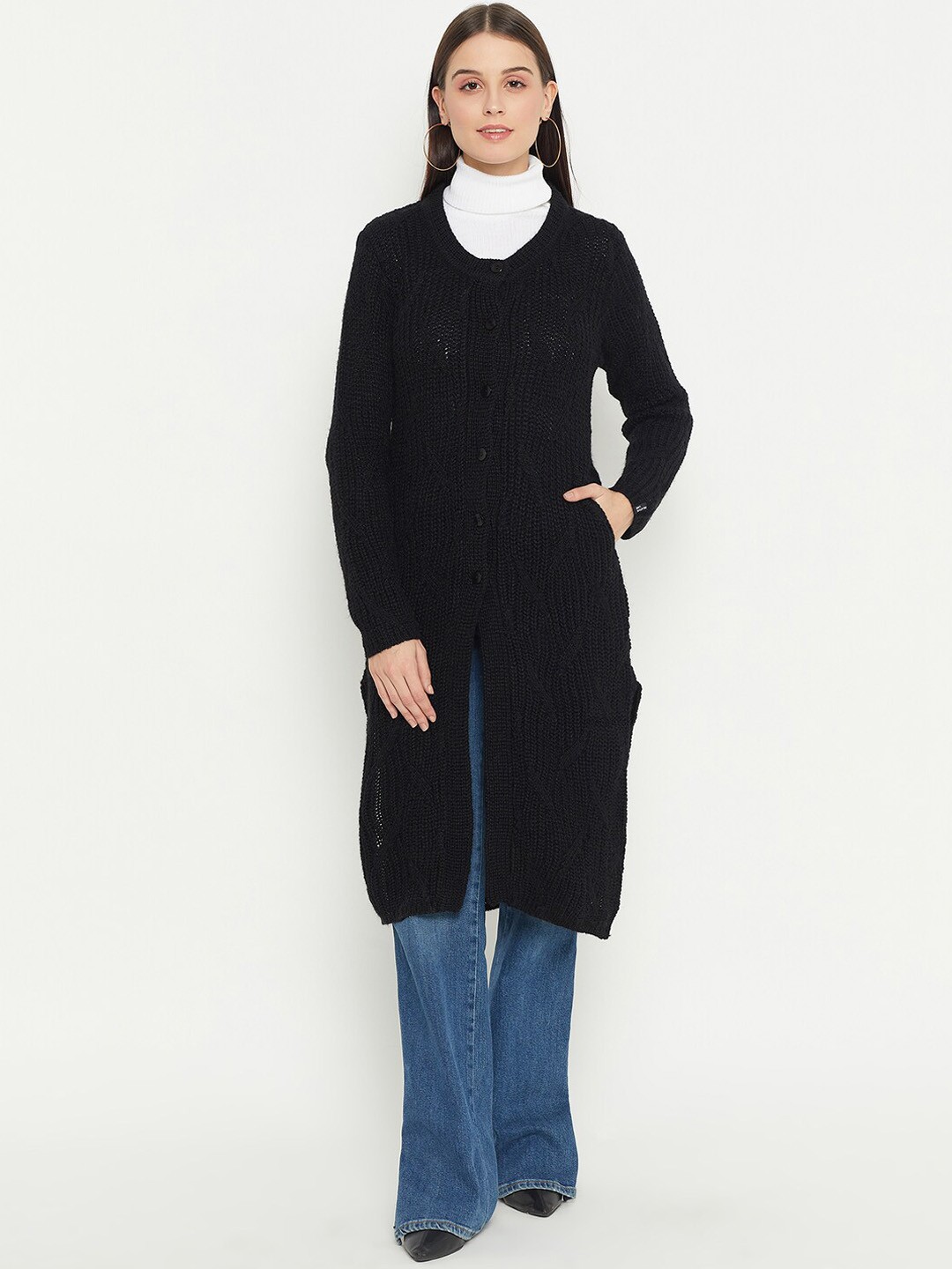 

CREATIVE LINE Self Design Knitted Wool Longline Cardigan, Black