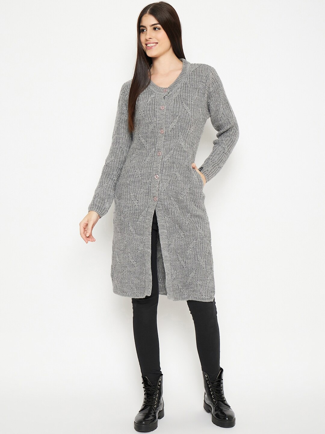 

CREATIVE LINE Self Design V-Neck Knitted Wool Longline Cardigan, Grey