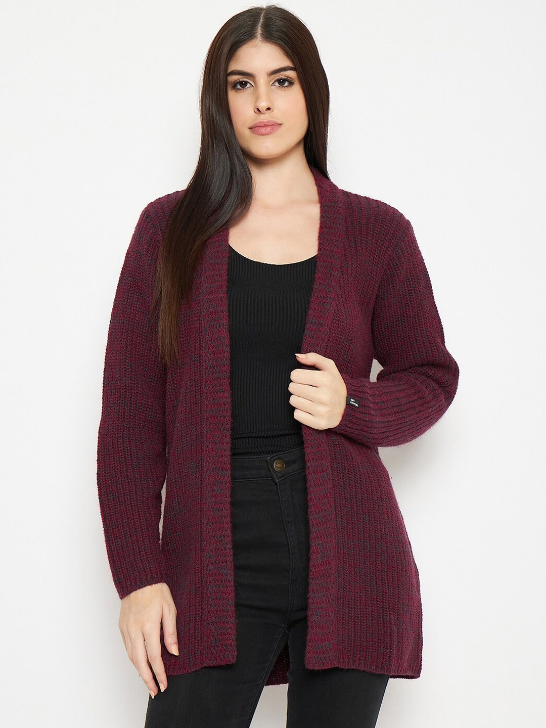 

CREATIVE LINE Self Design Woollen Knitted Overcoat, Maroon