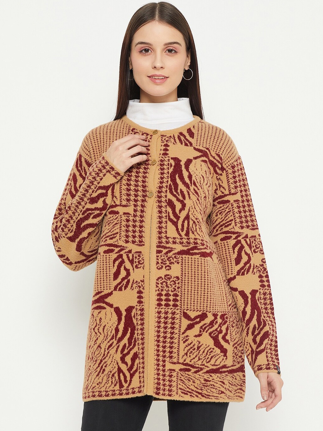 

CREATIVE LINE Abstract Self Design V-Neck Knitted Wool Longline Cardigan, Beige