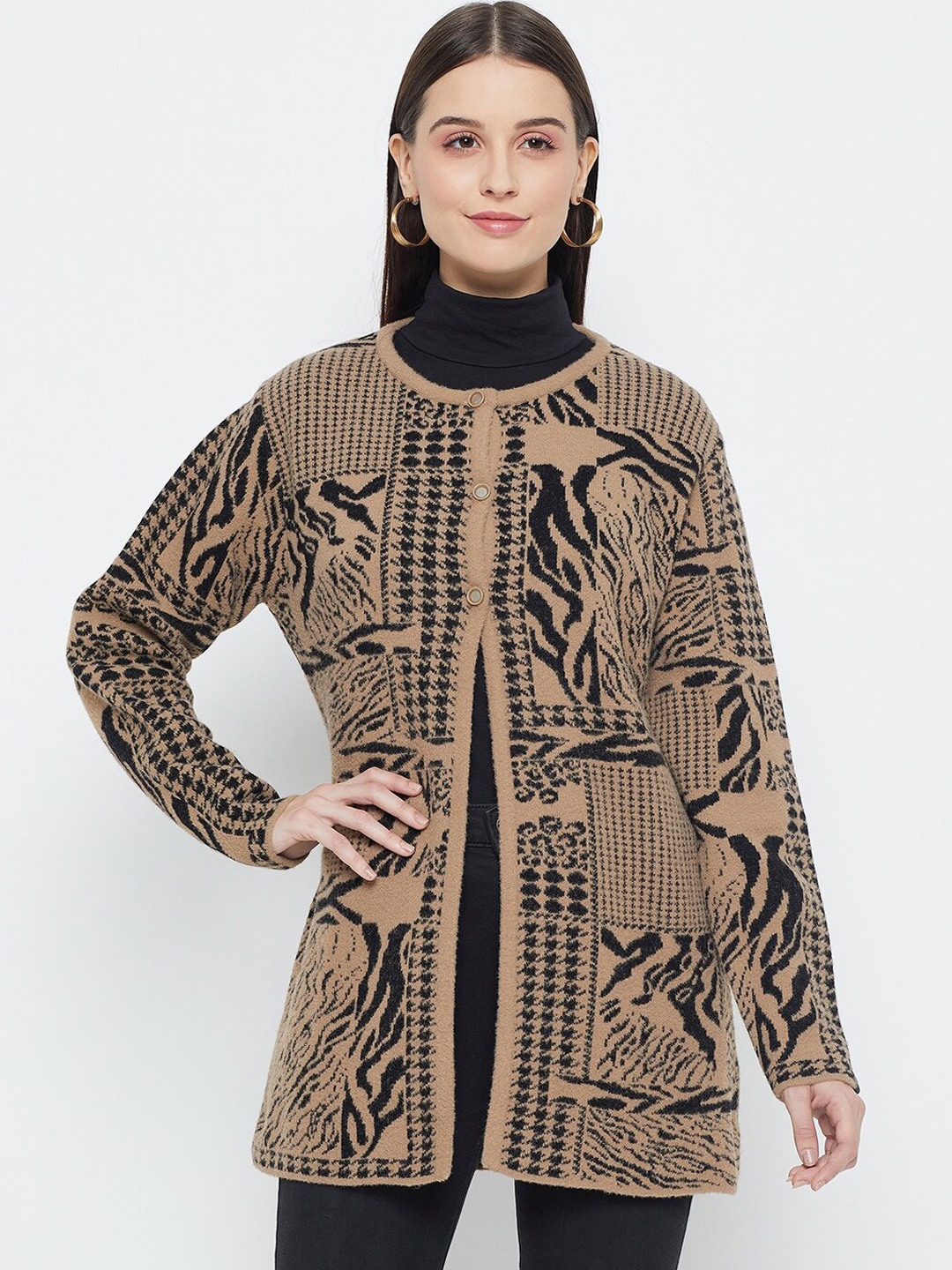 

CREATIVE LINE Abstract Self Design V-Neck Knitted Wool Longline Cardigan, Black