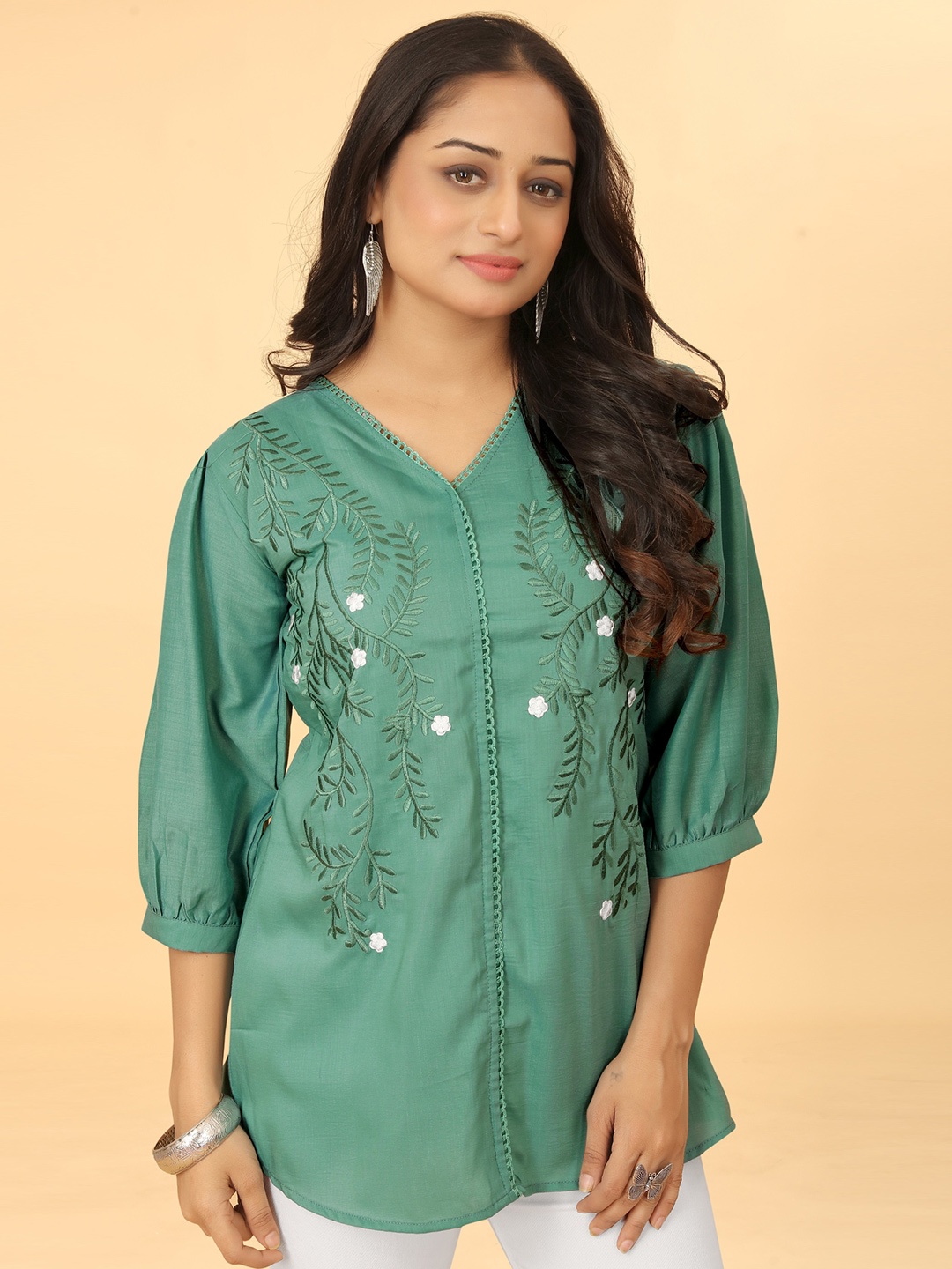 

Kesudi Floral Embroidered Cotton Tunic, Green