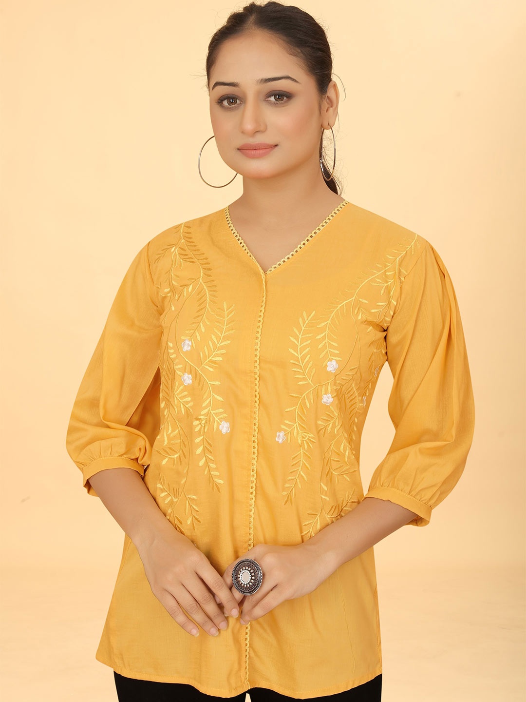 

Kesudi Embroidered Cotton V-Neck Tunic, Yellow