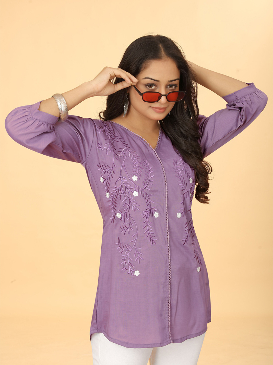 

Kesudi Embroidered V-Neck Cotton Tunic, Purple
