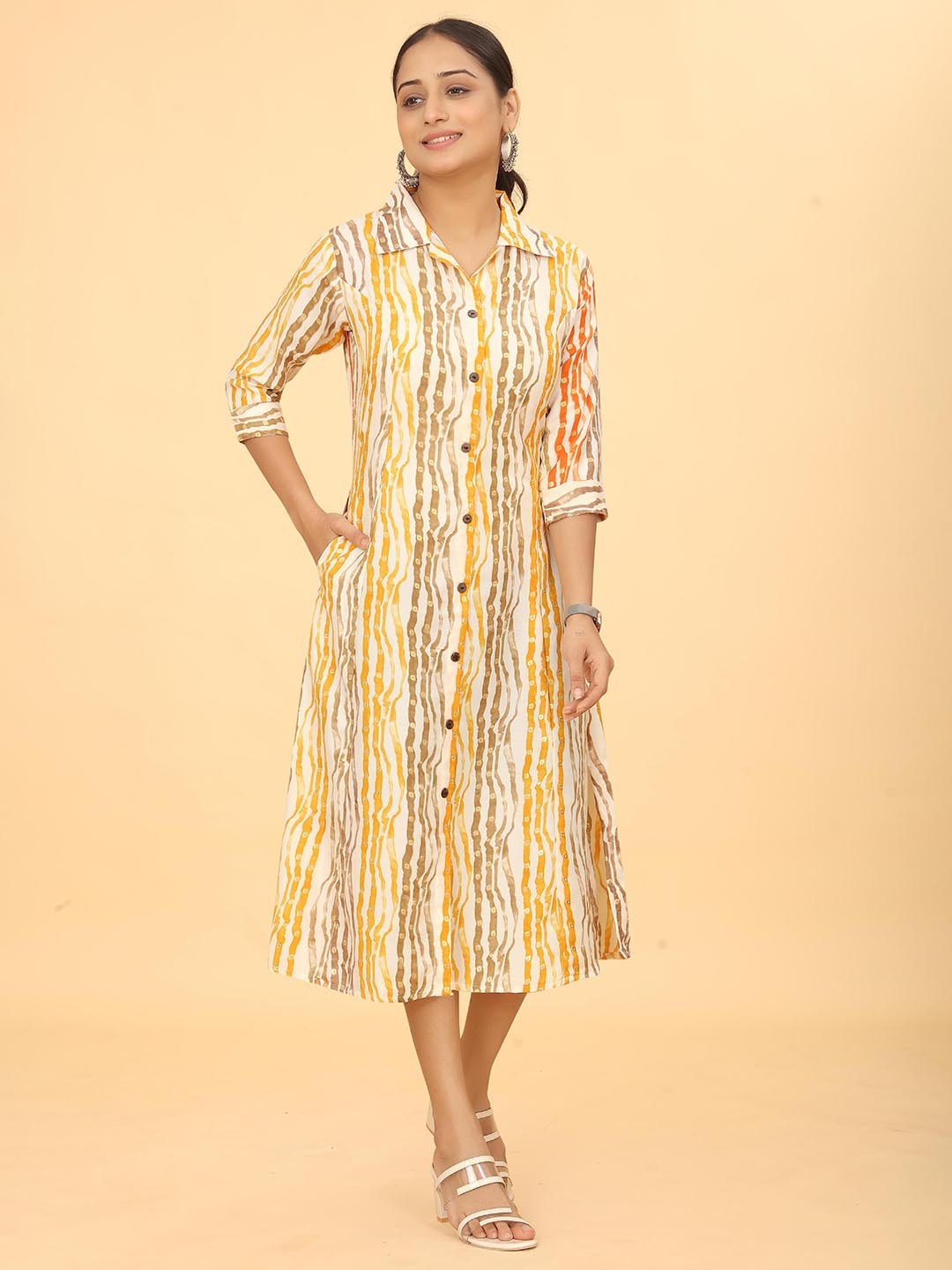 

Kesudi Striped Shirt Collar Three-Quarter Sleeves Cotton Shirt Midi Dress, White