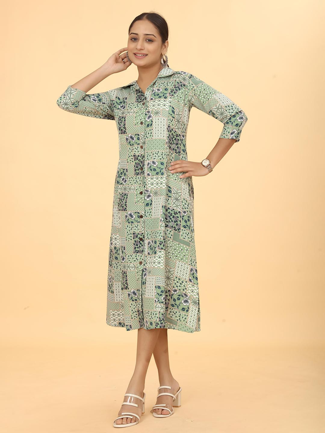 

Kesudi Floral Printed Shirt Style Cotton Midi Dress, Sea green