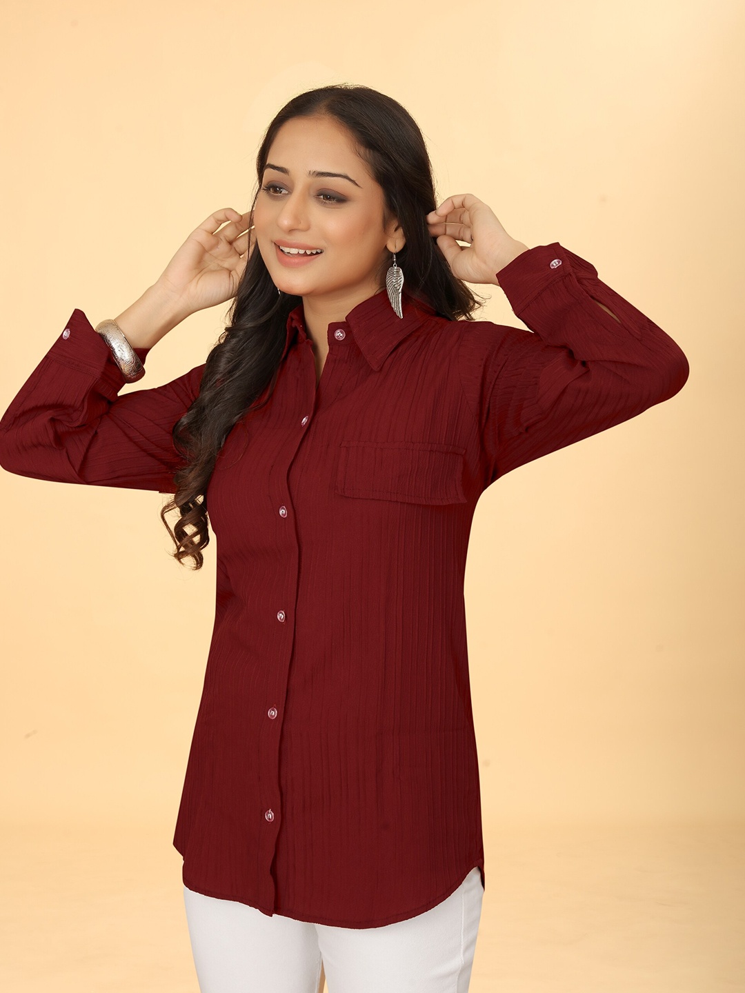 

Kesudi Spread Collar Textured Classic Casual Shirt, Maroon