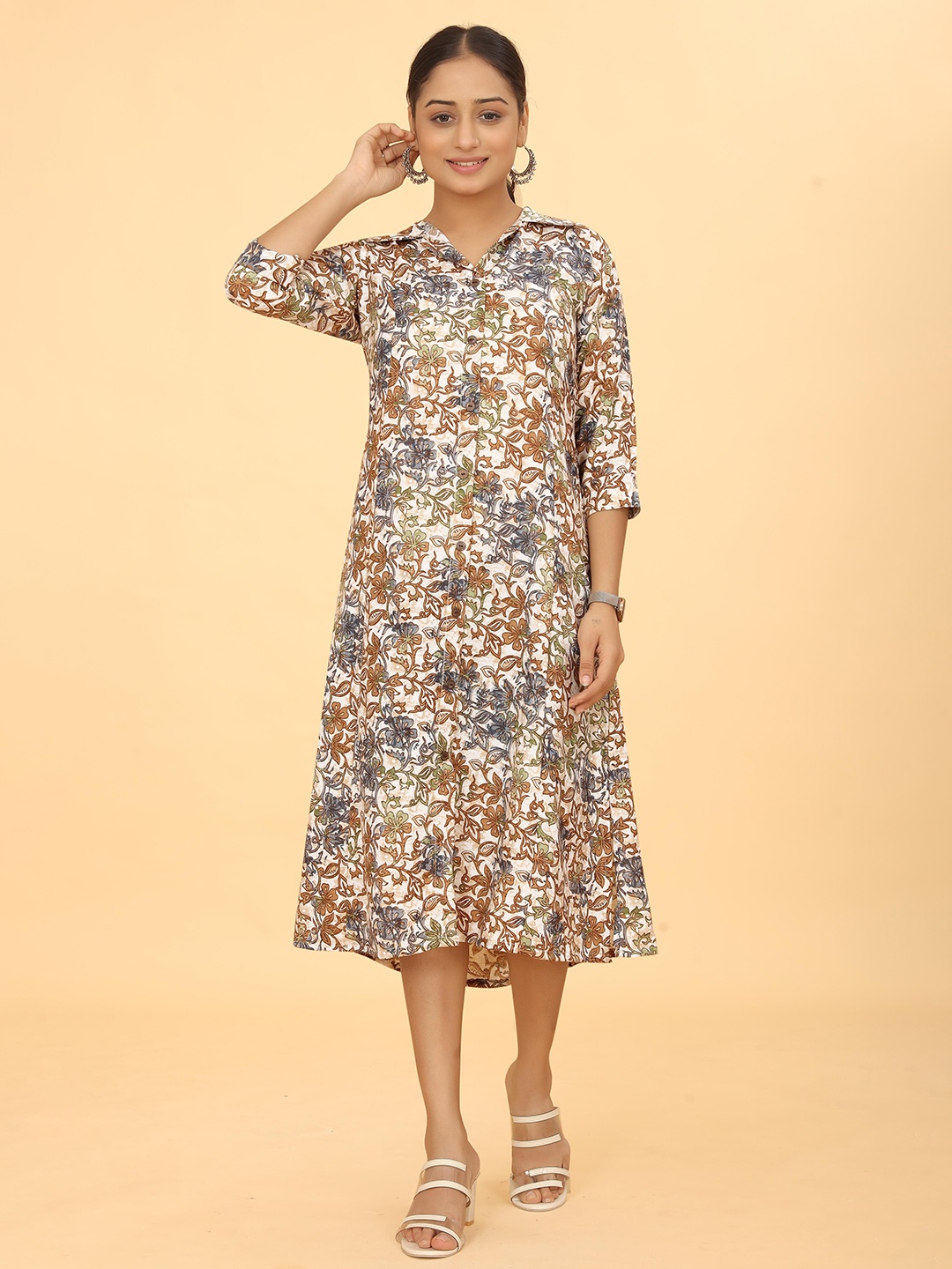 

Kesudi Floral Printed Shirt Style Cotton Midi Dress, White