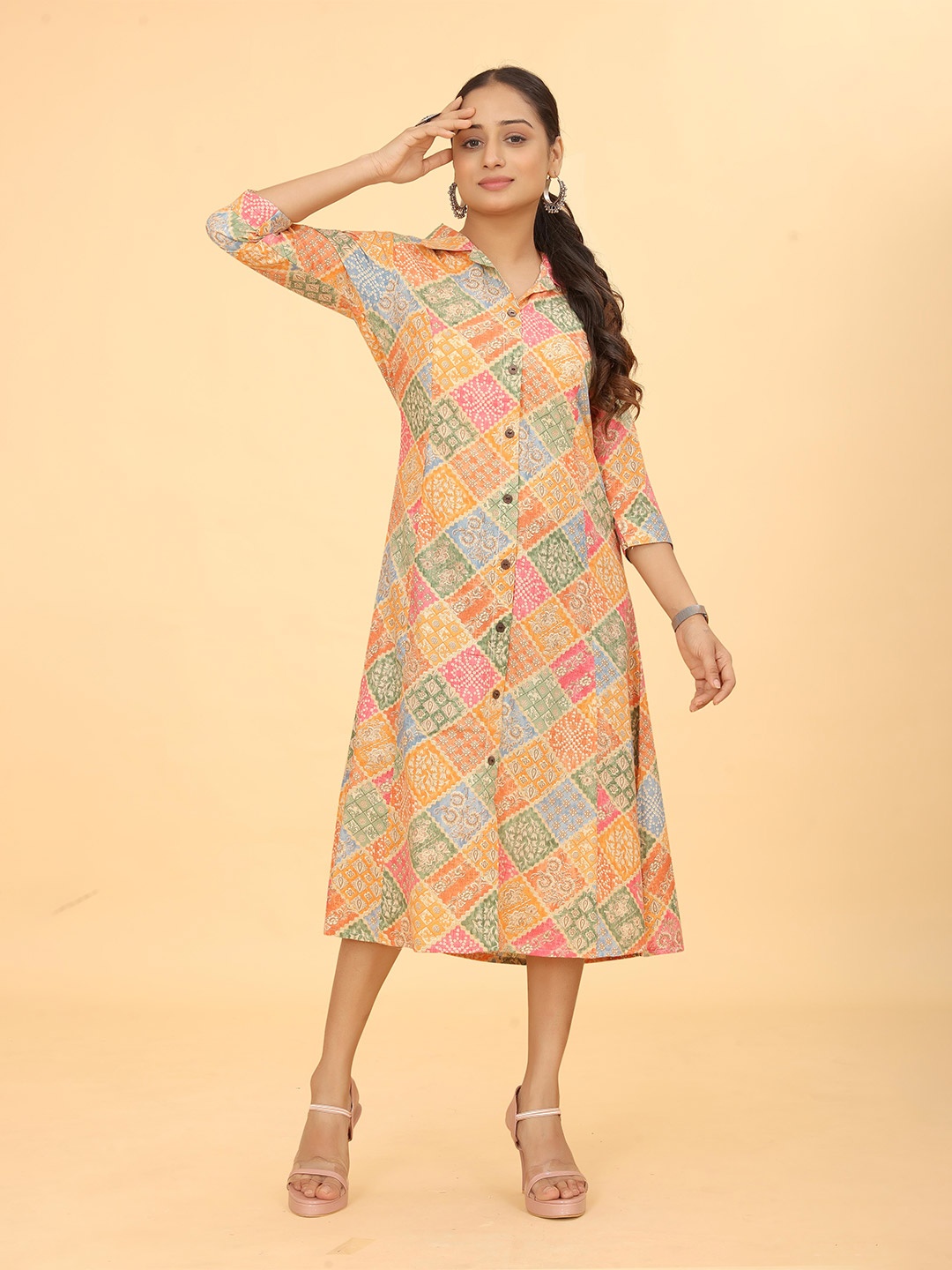 

Kesudi Ethnic Motifs Printed Three-Quarter Sleeves Cotton Shirt Midi Dress, Orange