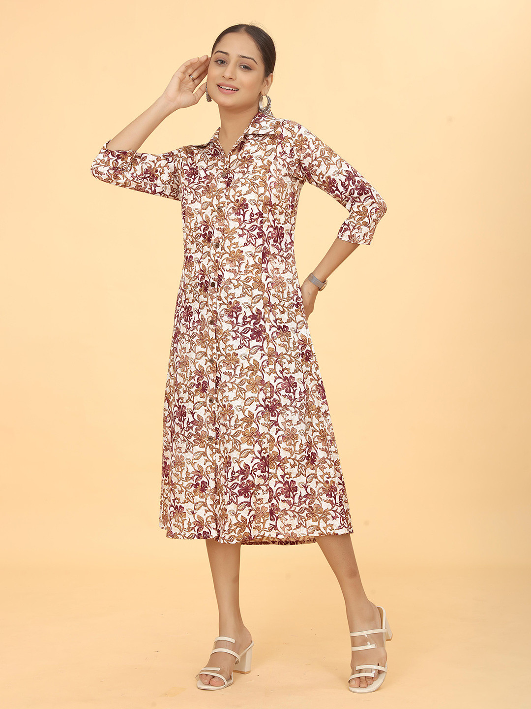 

Kesudi Floral Print Shirt Collar Three-Quarter Sleeves Cotton Shirt Midi Dress, White