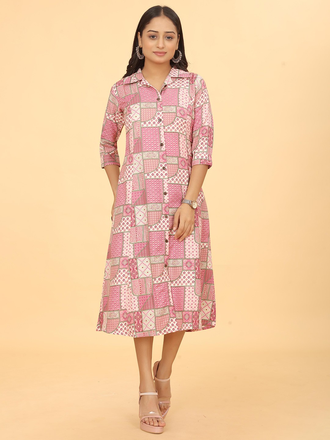 

Kesudi Geometric Print Shirt Collar Three-Quarter Sleeves Cotton Shirt Midi Dress, Pink