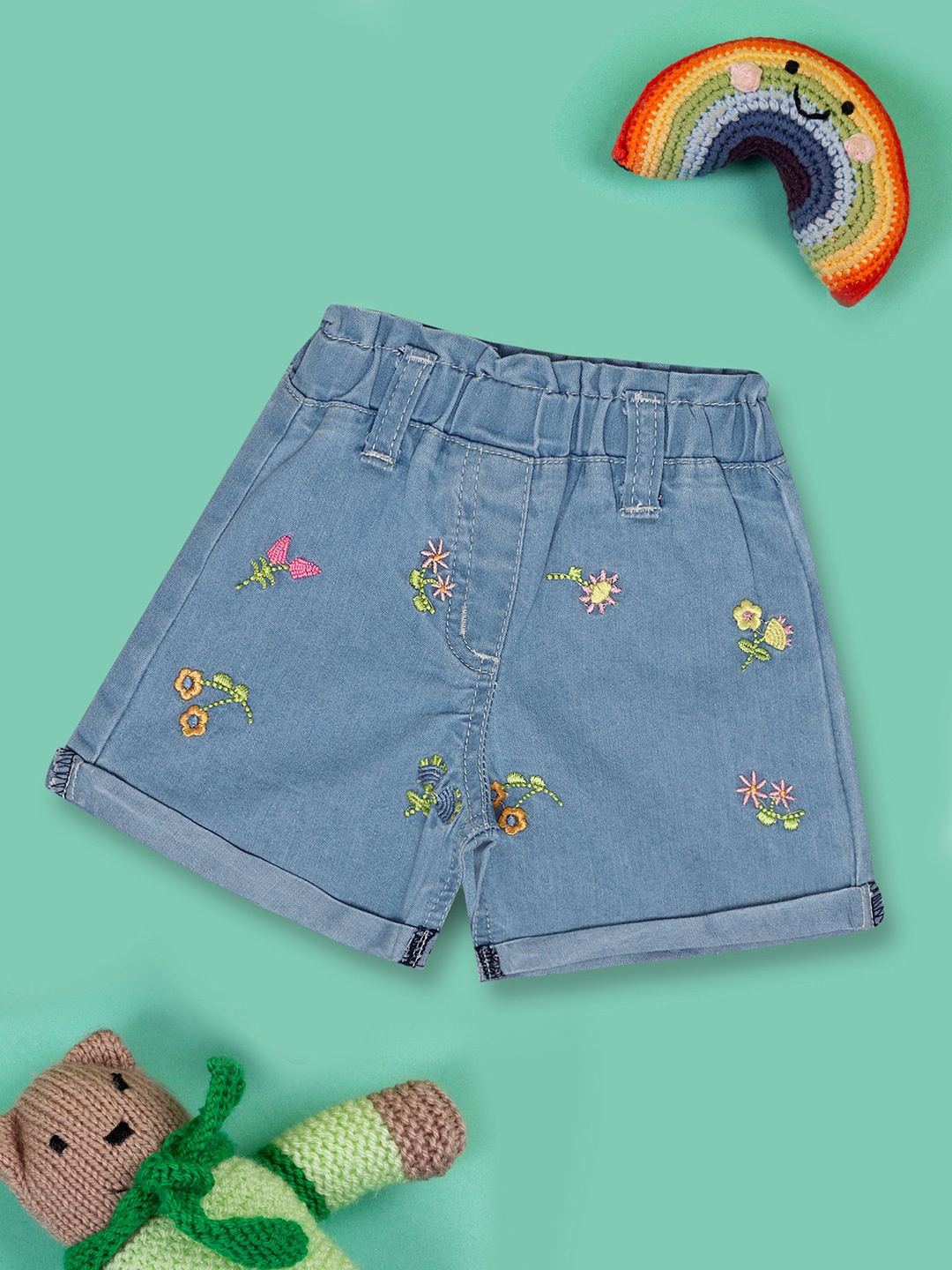 

V-Mart Boys Floral Embroidered Denim Shorts, Blue