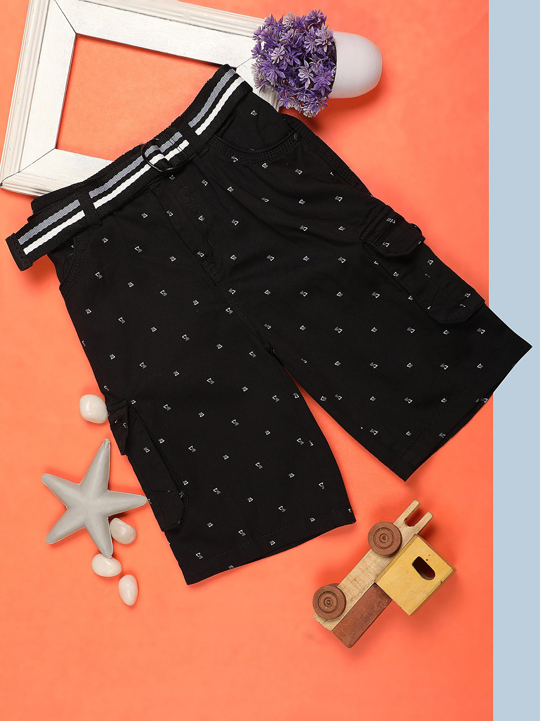 

V-Mart Boys Conversational Printed Cotton Cargo Shorts, Black