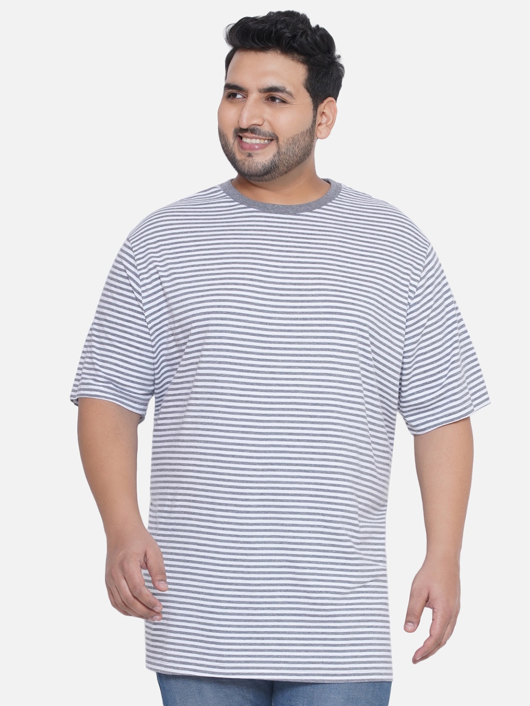 

Santonio Plus Size Striped Pure Cotton T-shirt, Grey