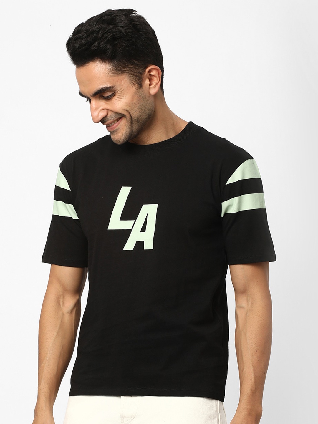 

R&B Typography Printed Cotton T-shirt, Black