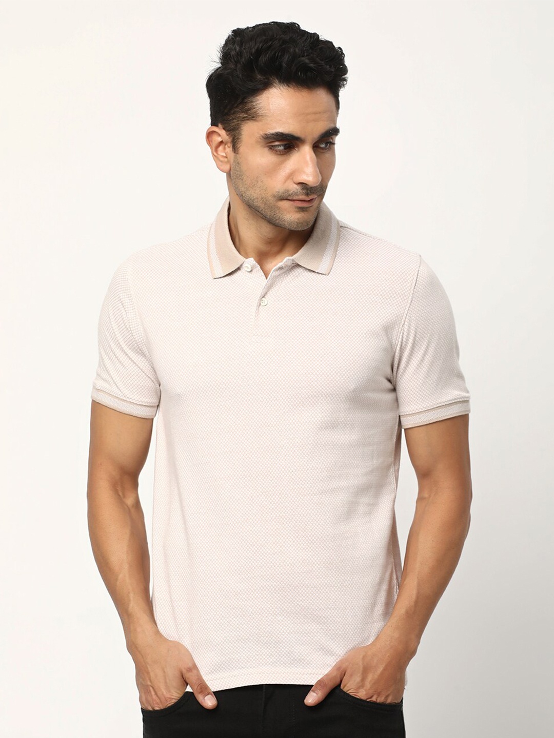 

R&B Checked Polo Collar Cotton Regular Fit T-shirt, White