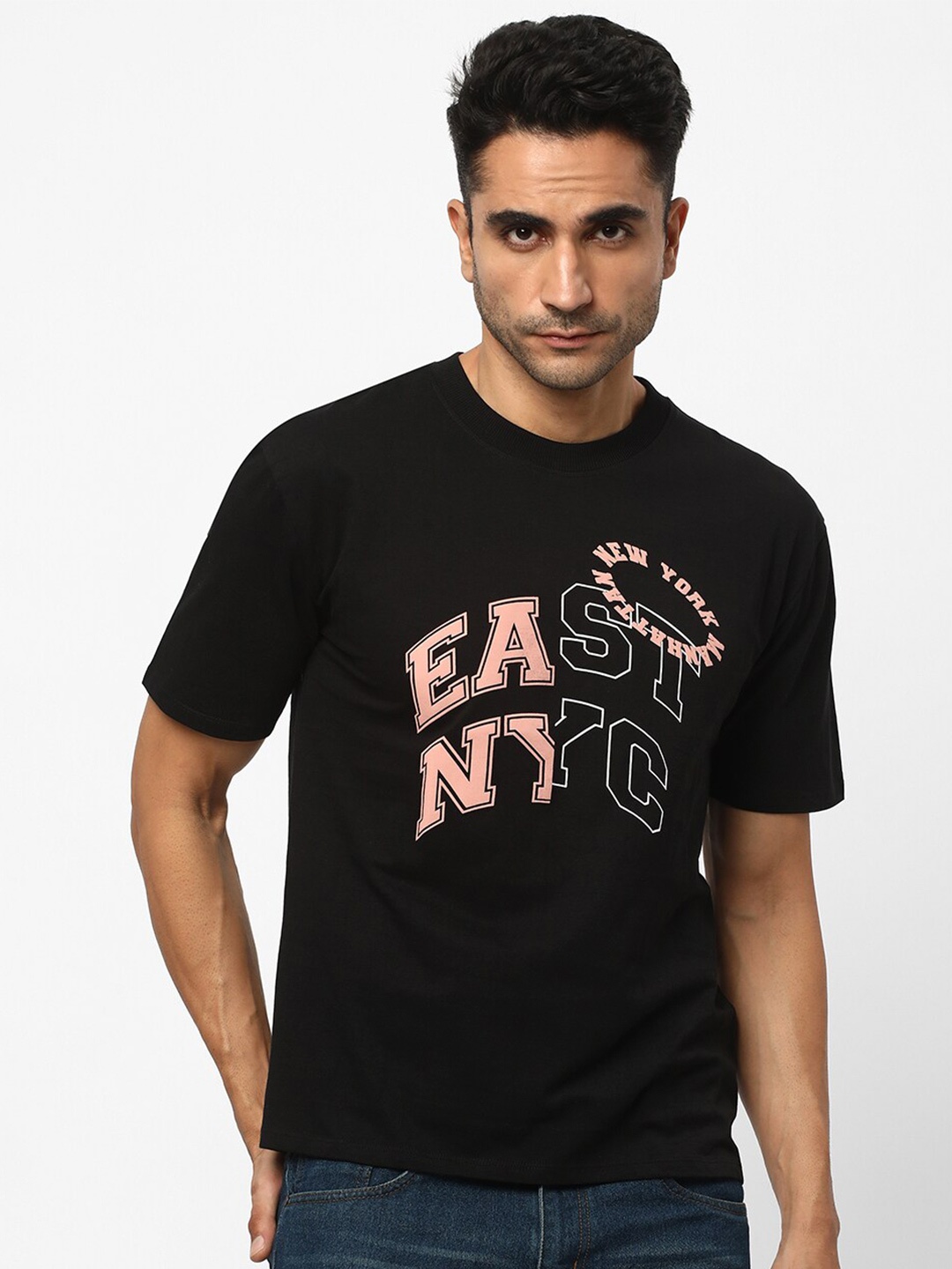 

R&B Typography Printed Cotton T-shirt, Black