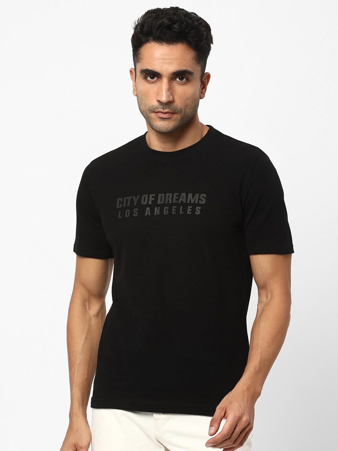 

R&B Typography Printed Round Neck Cotton Regular Fit T-shirt, Black