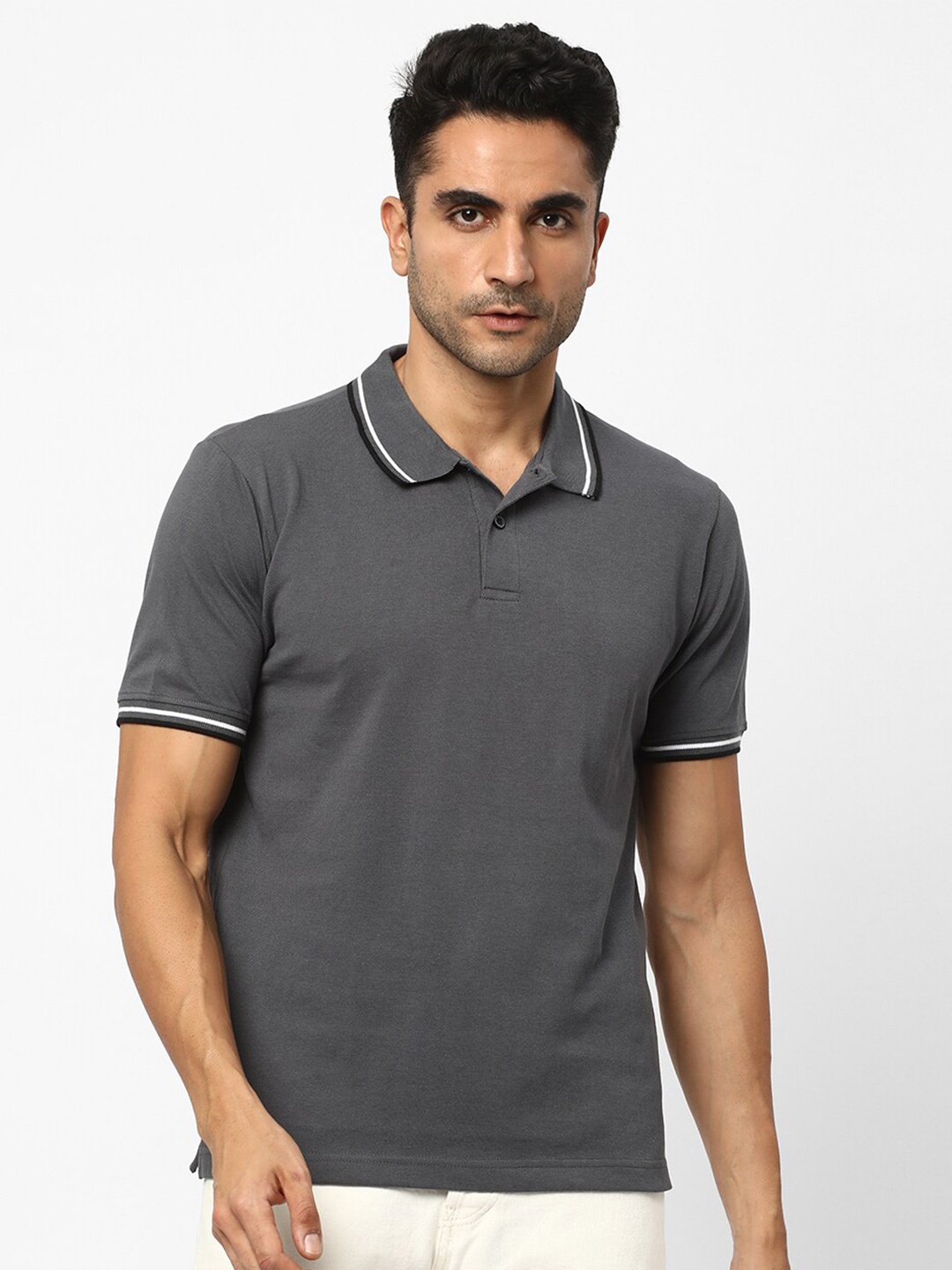 

R&B Polo Collar Cotton T-shirt, Grey