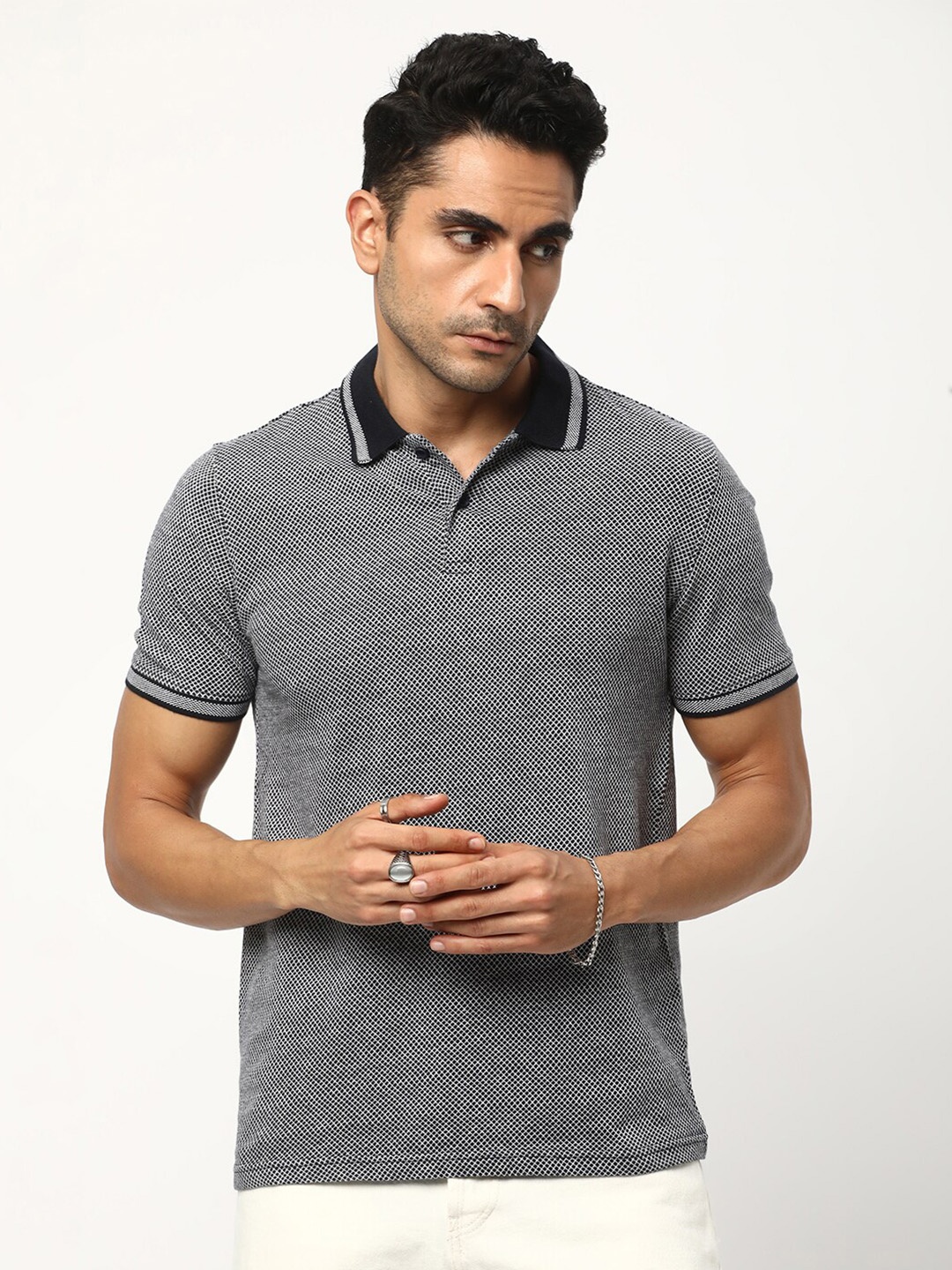 

R&B Checked Polo Collar Cotton Regular Fit T-shirt, Navy blue