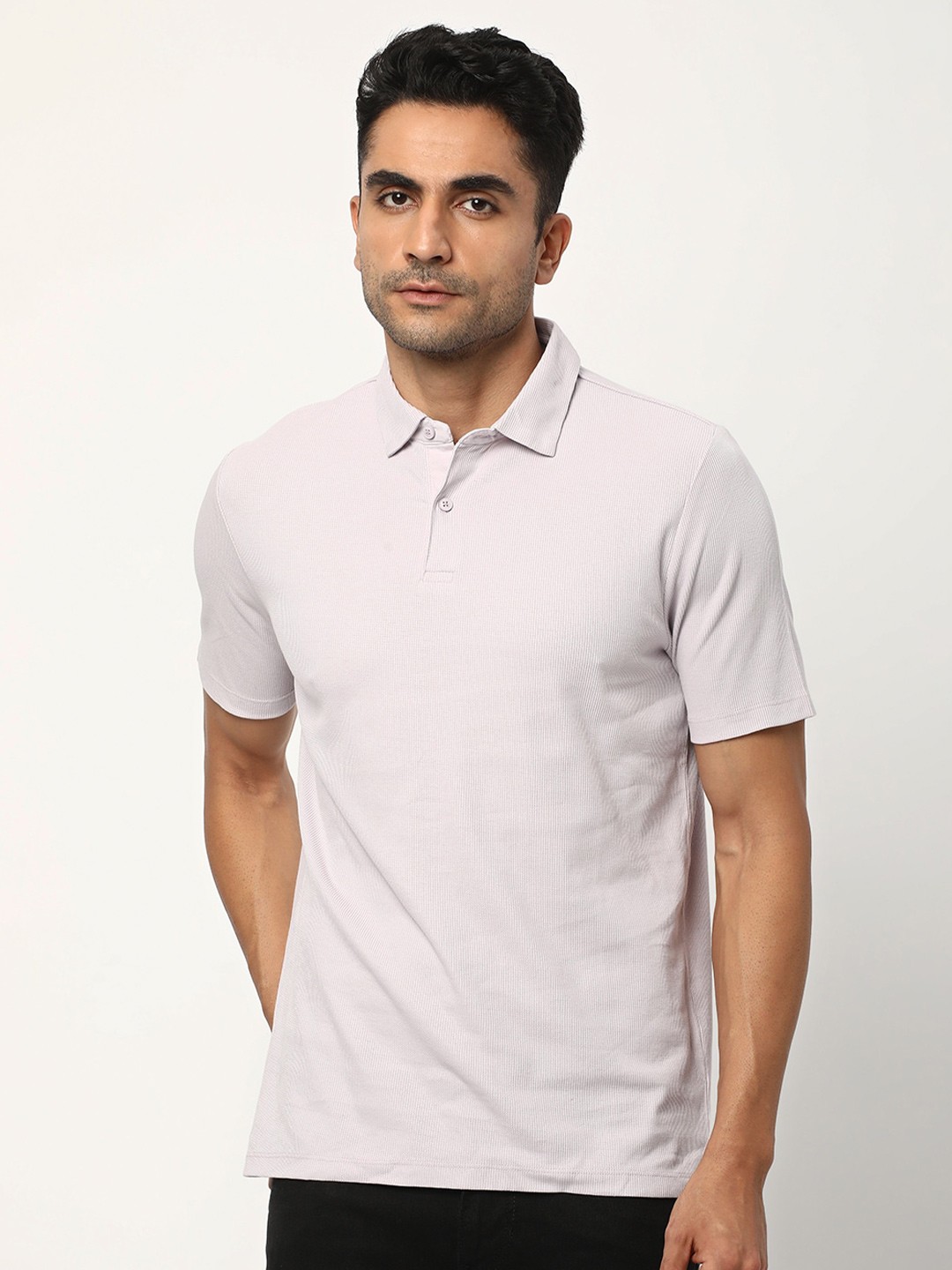 

R&B Self Design Polo Collar Cotton T-shirt, Purple