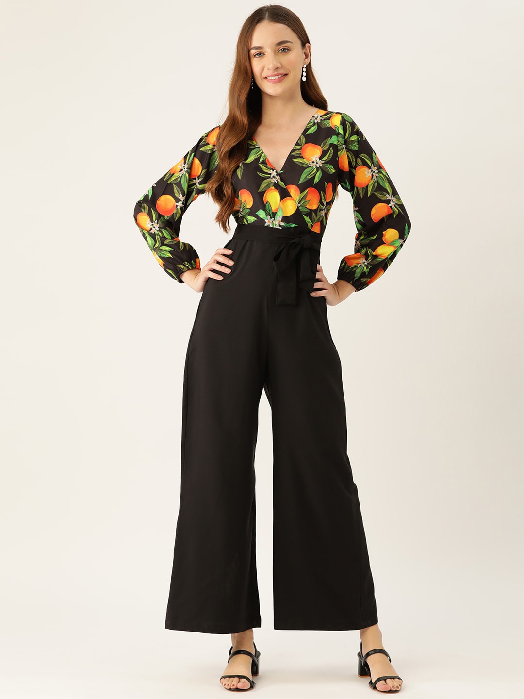 

Sleek Italia Conversational Printed Waist Tie-Ups Basic Jumpsuit, Black