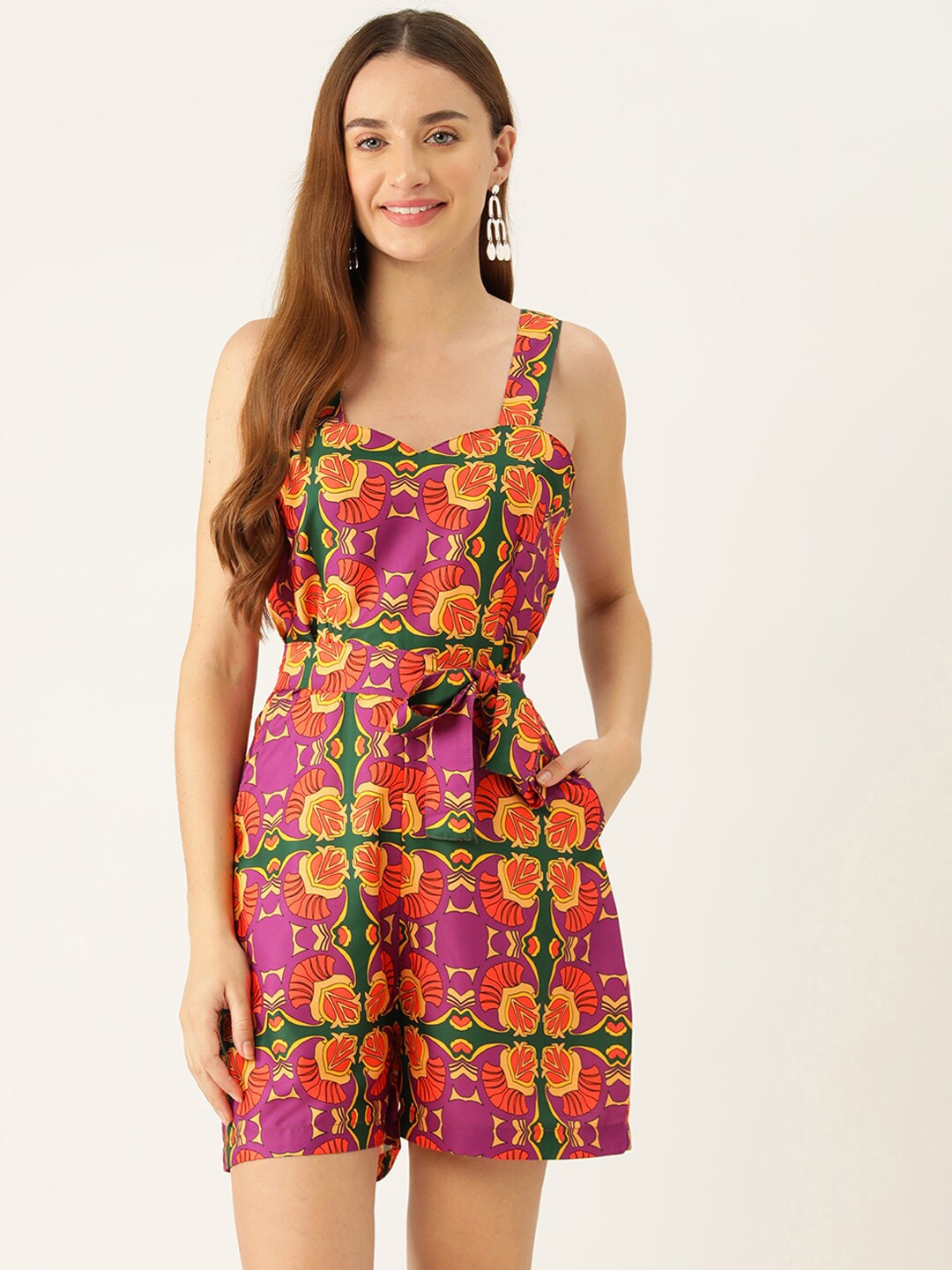 

Sleek Italia Floral Printed Waist Tie-Ups Playsuit, Orange