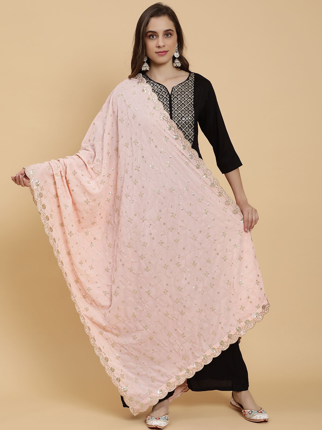 

Moda Chales Floral Embroidered Sequinned Detail Dupatta, Peach