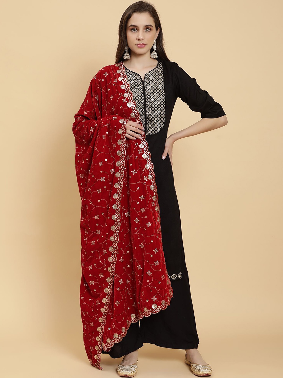 

Moda Chales Floral Embroidered Sequinned Detail Dupatta, Red