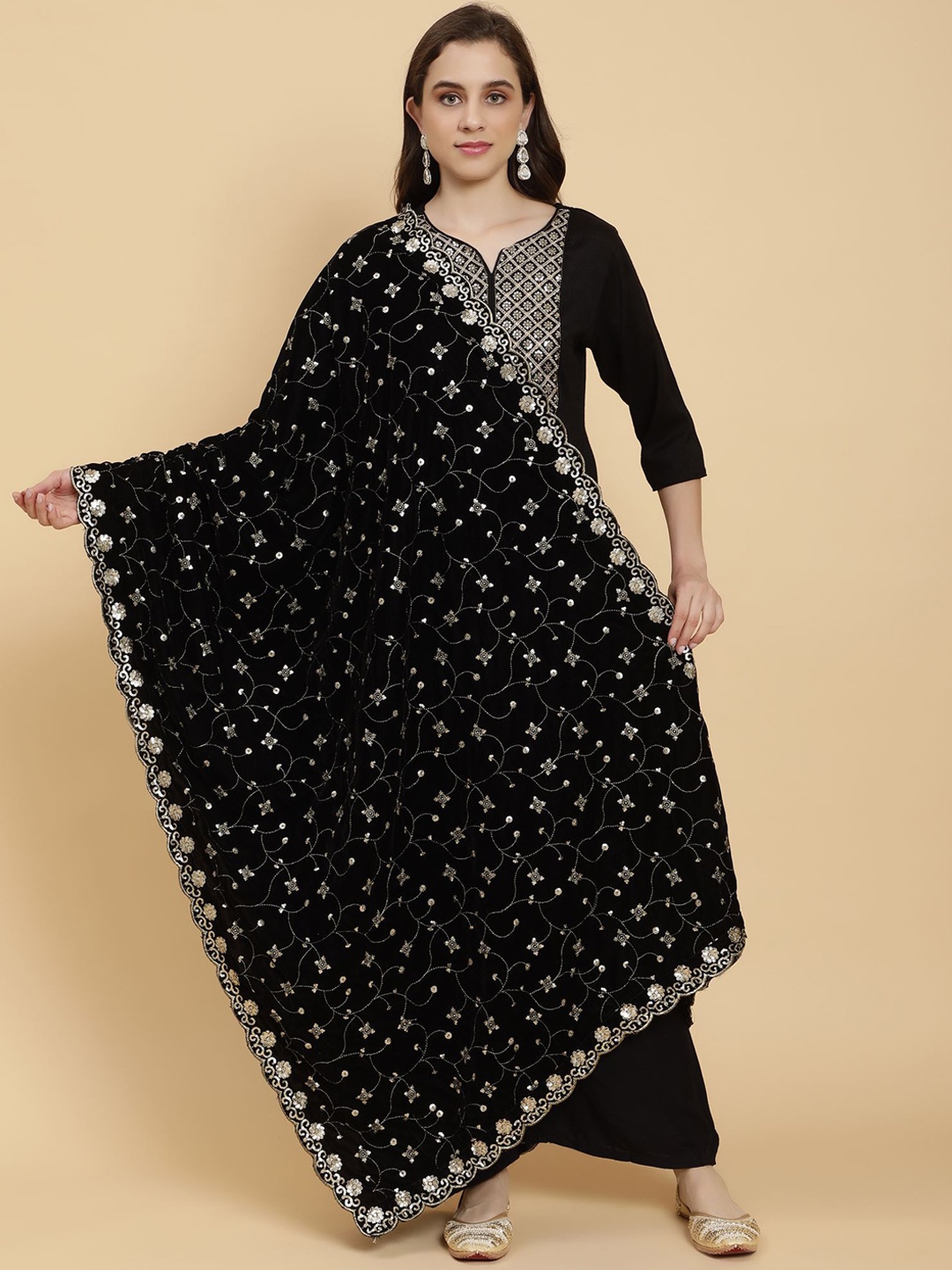 

Moda Chales Floral Embroidered Sequinned Detail Dupatta, Black