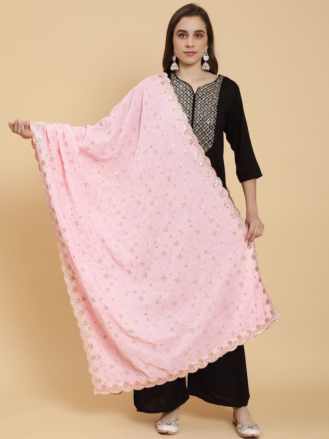 

Moda Chales Floral Embroidered Sequinned Dupatta, Pink