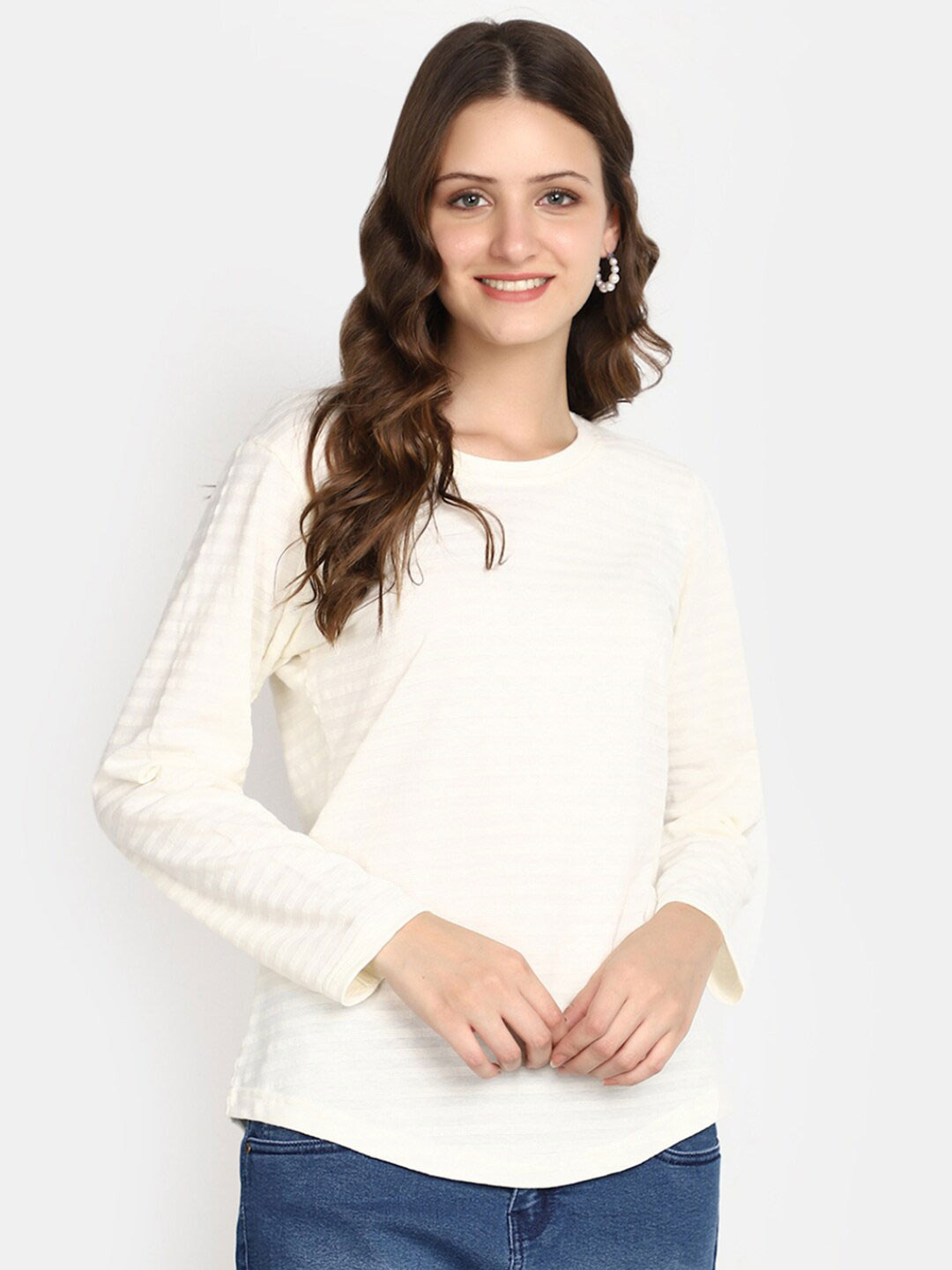 

V-Mart Striped Round Neck Cotton T-shirt, Off white