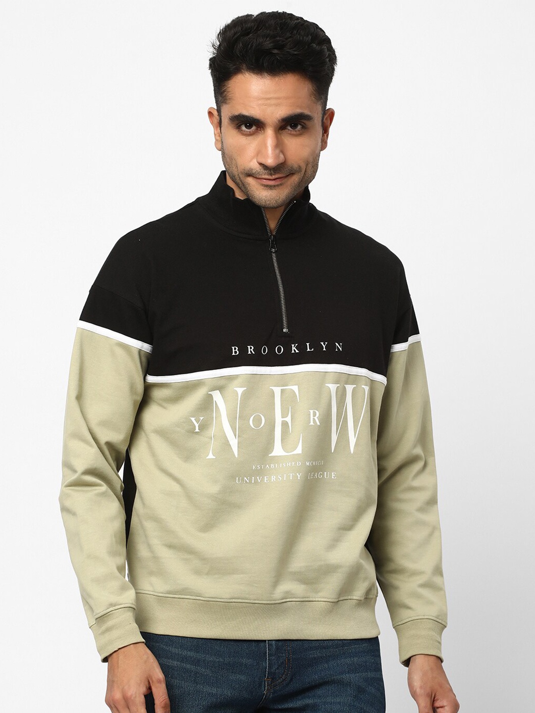 

R&B Colourblocked Mock Collar Cotton Pullover Sweatshirt With Half Zipper, Green