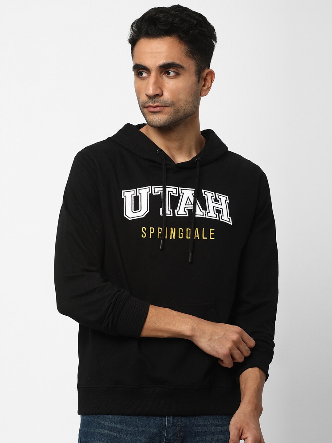 

R&B Typography Printed Hooded Cotton Pullover Sweatshirt, Black