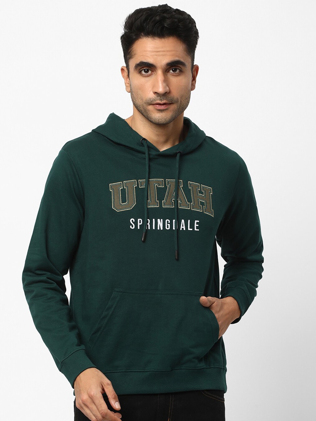 

R&B Typography Printed Hooded Cotton Pullover Sweatshirt, Green