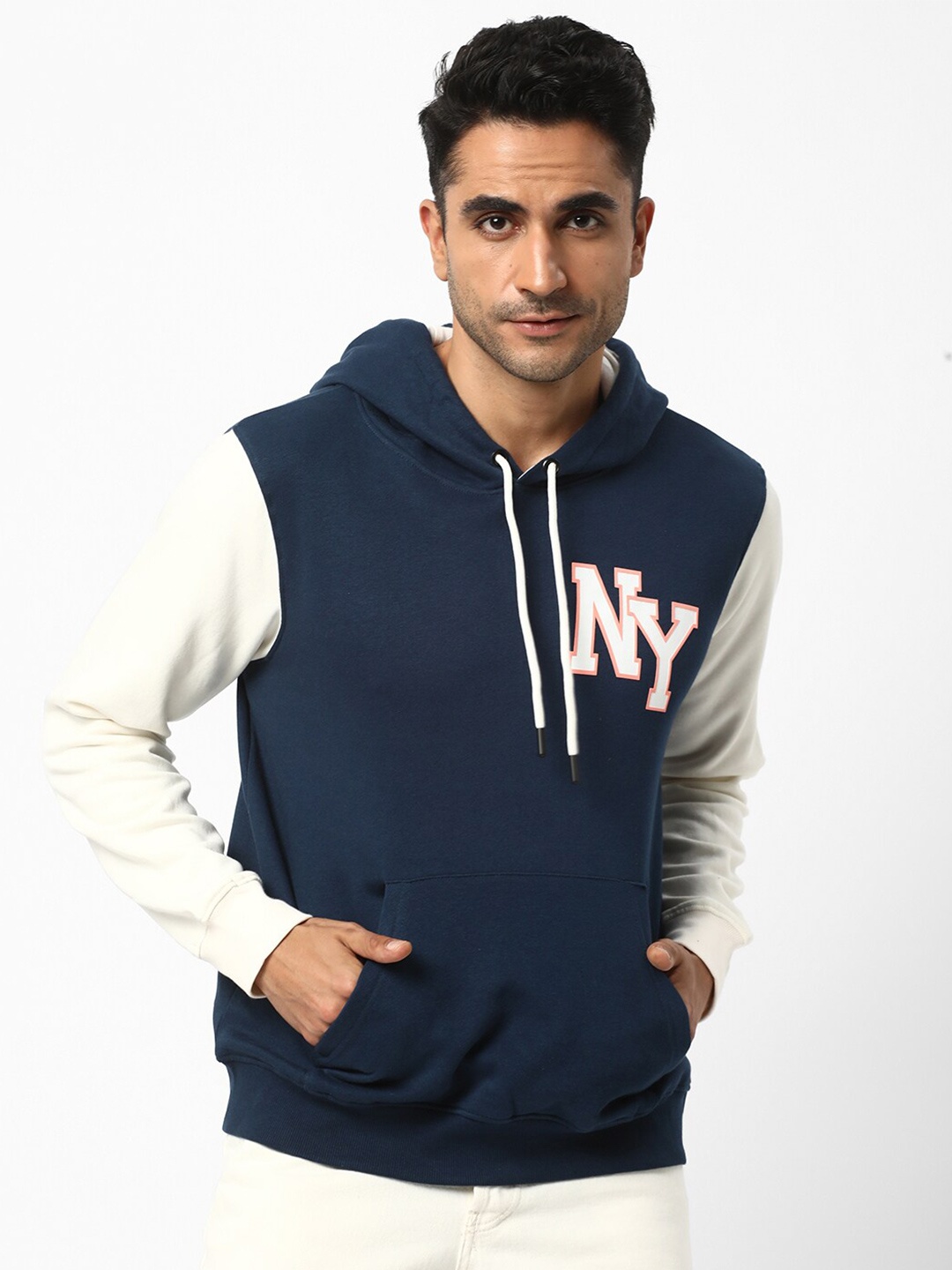 

R&B Typography Printed Hooded Cotton Pullover Sweatshirt, Blue